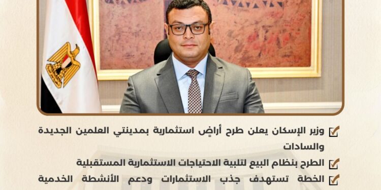 بالإنفوجراف:وزير الإسكان يُعلن طرح قطع أراضٍ استثمارية بمدينتي العلمين الجديدة والسادات
