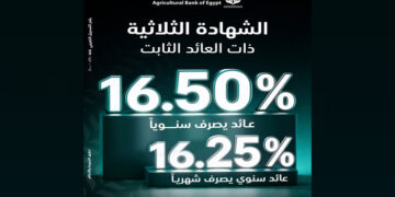 البنك الزراعي المصري يطلق الشهادة الثلاثية بعائد ثابت يصل إلى 16.5%