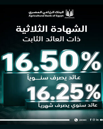 البنك الزراعي المصري يطلق الشهادة الثلاثية بعائد ثابت يصل إلى 16.5%